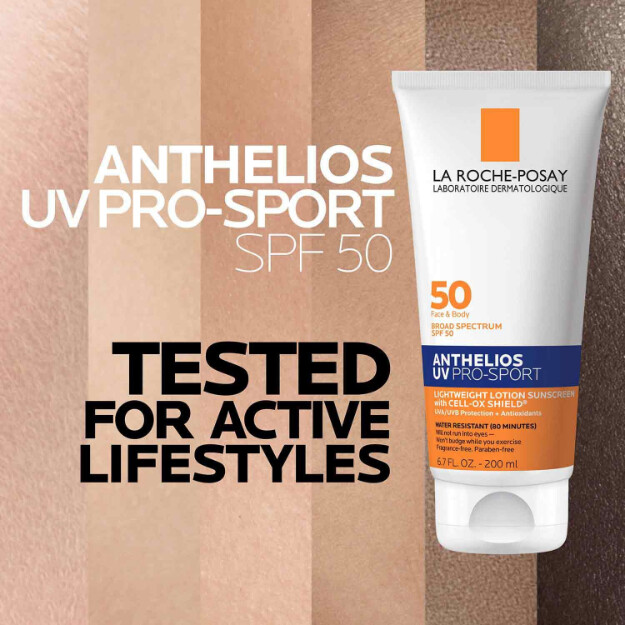 anthelios uv pro-sport solskyddsmedel spf 50 långvarigt vatten- och svettbeständigt solskyddsmedel för ansikte och kropp för fysisk aktivitet och sport