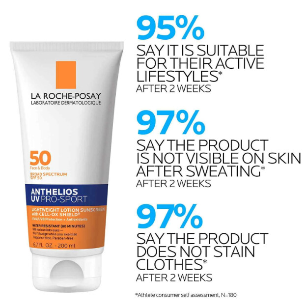 anthelios uv pro-sport solskyddsmedel spf 50 långvarigt vatten- och svettbeständigt solskyddsmedel för ansikte och kropp för fysisk aktivitet och sport