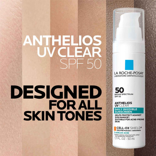 anthelios uv clear sunscreen spf 50 osynligt solskydd med spf 50 och azaleinsyra för aknebenägen och rosaceabenägen hud.