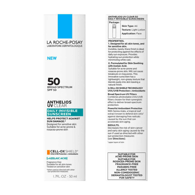 anthelios uv clear sunscreen spf 50 osynligt solskydd med spf 50 och azaleinsyra för aknebenägen och rosaceabenägen hud.
