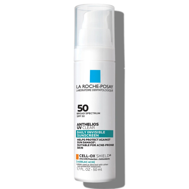 anthelios uv clear sunscreen spf 50 osynligt solskydd med spf 50 och azaleinsyra för aknebenägen och rosaceabenägen hud.