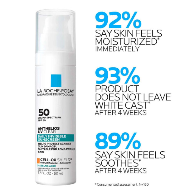 anthelios uv clear sunscreen spf 50 osynligt solskydd med spf 50 och azaleinsyra för aknebenägen och rosaceabenägen hud.