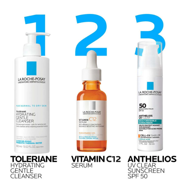 anthelios uv clear sunscreen spf 50 osynligt solskydd med spf 50 och azaleinsyra för aknebenägen och rosaceabenägen hud.