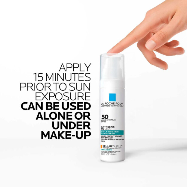 anthelios uv clear sunscreen spf 50 osynligt solskydd med spf 50 och azaleinsyra för aknebenägen och rosaceabenägen hud.