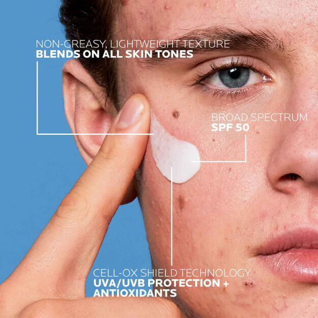 anthelios uv clear sunscreen spf 50 osynligt solskydd med spf 50 och azaleinsyra för aknebenägen och rosaceabenägen hud.