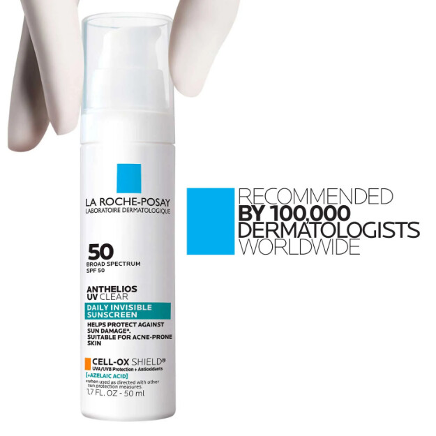 anthelios uv clear sunscreen spf 50 osynligt solskydd med spf 50 och azaleinsyra för aknebenägen och rosaceabenägen hud.